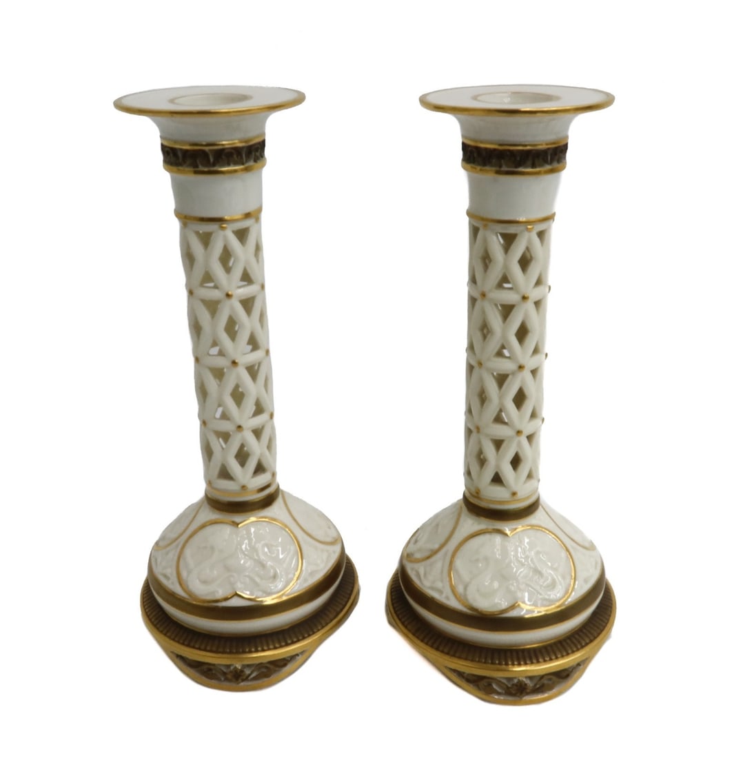 Royal Worcester England Porcelain and Gilt Reticulated Candlesticks 1885 (1 of 10)