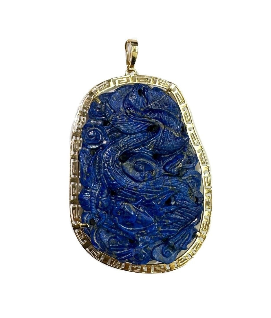 RG 14k Yellow Gold and Lapis Lazuli Pendant Pin: RG 14k Yellow Gold and Lapis Lazuli Pendant Pin. Carved birds and flowers to the Lapis Lazuli. Greek key border to frame. Marked 14k to hook with maker mark "RG" Weight: Approx. 35.73 grams Measuremen