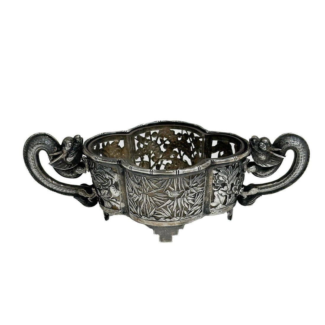 Lee Ching Chinese Silver Mounted Glass Bowl c1870: Lee Ching Chinese Silver Mounted Glass Bowl, circa 1870. Pierced panels featuring florals, bamboo, and birds. Figural dragon handles. Underside marked LC with Chinese mark. Weight: Approx. 2.6 ozt Mea