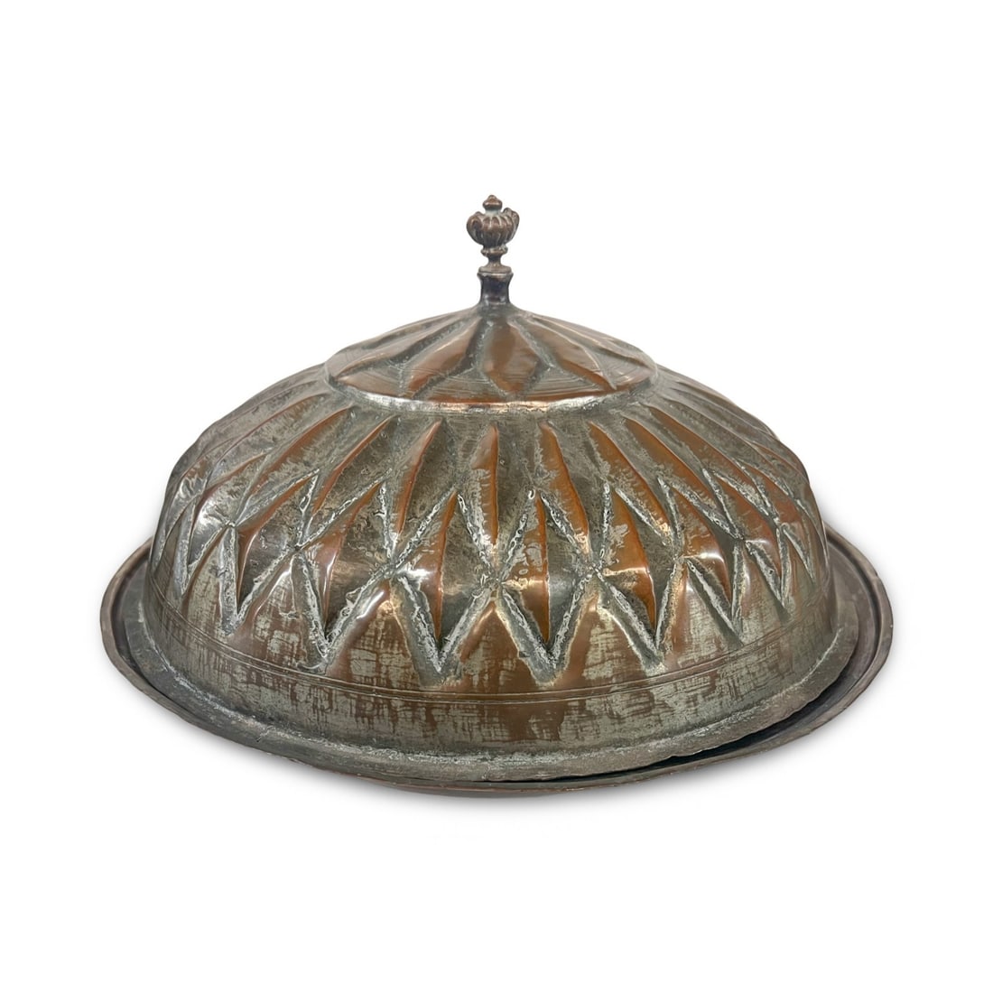 19th Century Ottoman Anatolian tinned copper serving platter and cover sahan: 19th Century Ottoman tinned copper serving platter and cover sahan. Hand chased geometric diamond patterns. Originally, tinned interior & exterior, but worn Measurements: Approx. platter 14.25 x 2.5 i