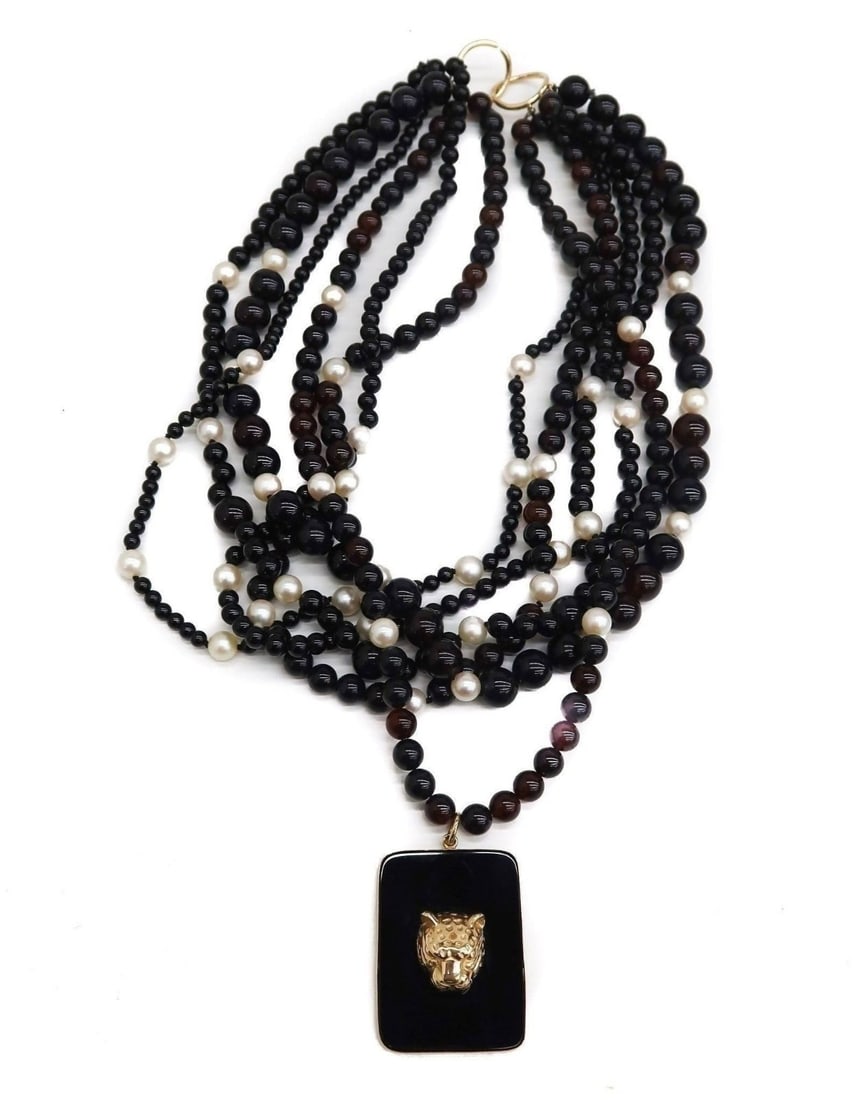 14k Yellow Gold Black and Red Garnet Multistrand Necklace, Jaguar Pendant (1 of 9)