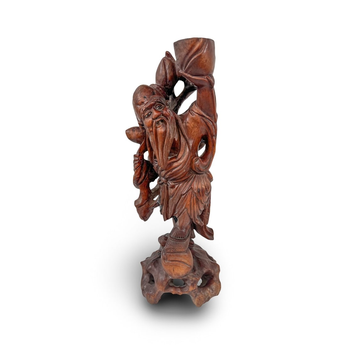 Chinese handcarved wood figure Shoulao Daoist God of Longevity late 19th-20th: Chinese hand-carved wood figure Shoulao Daoist God of Longevity. Likely of hardwood root - Boxwood (Huangyangmu) or Camphor root. Glass eyes. 19th and early 20th-century. Likely this piece was transfo