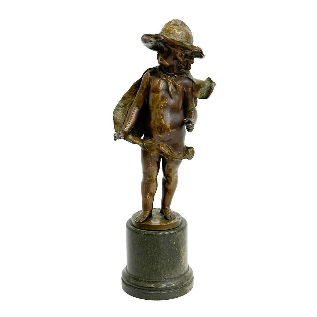 Franz Iffland German Cast Bronze Sculpture Figure Child with Hat c1900: Franz Iffland (German, 1862-1935) Original period cast bronze sculpture with fine detail depicting a child wearing a hat. Signed F Iffland to the base. Mounted on a round marble base. Weight: Approx. 