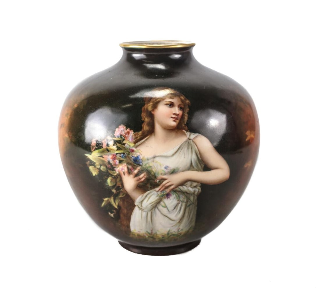 Royal Bonn Hand Painted Porcelain Ginger Jar form Vase Young woman c 1920: c 1920 Royal Bonn Hand Painted Porcelain Ginger Jar form Vase, Young woman holding bouquet of flowers. Stunning detail. Impressed number 2839 and 35B. Faint makers mark printed over glaze. Measurement
