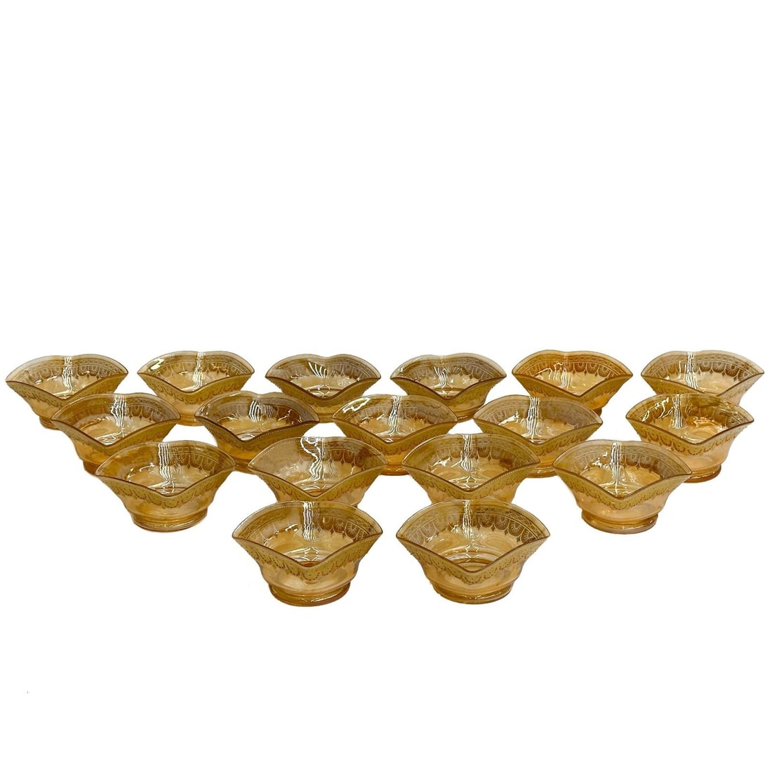 17 Venetian Italy Gilt Enameled Glass Bowls Early 20th century: 17 Venetian Italy Gilt & Enameled Glass Bowls, early 20th century. Square-shaped bowls with gilt decoration, red and blue enameled jewel decoration. Apparently unmarked. Weight: Approx. 8 lb Measureme