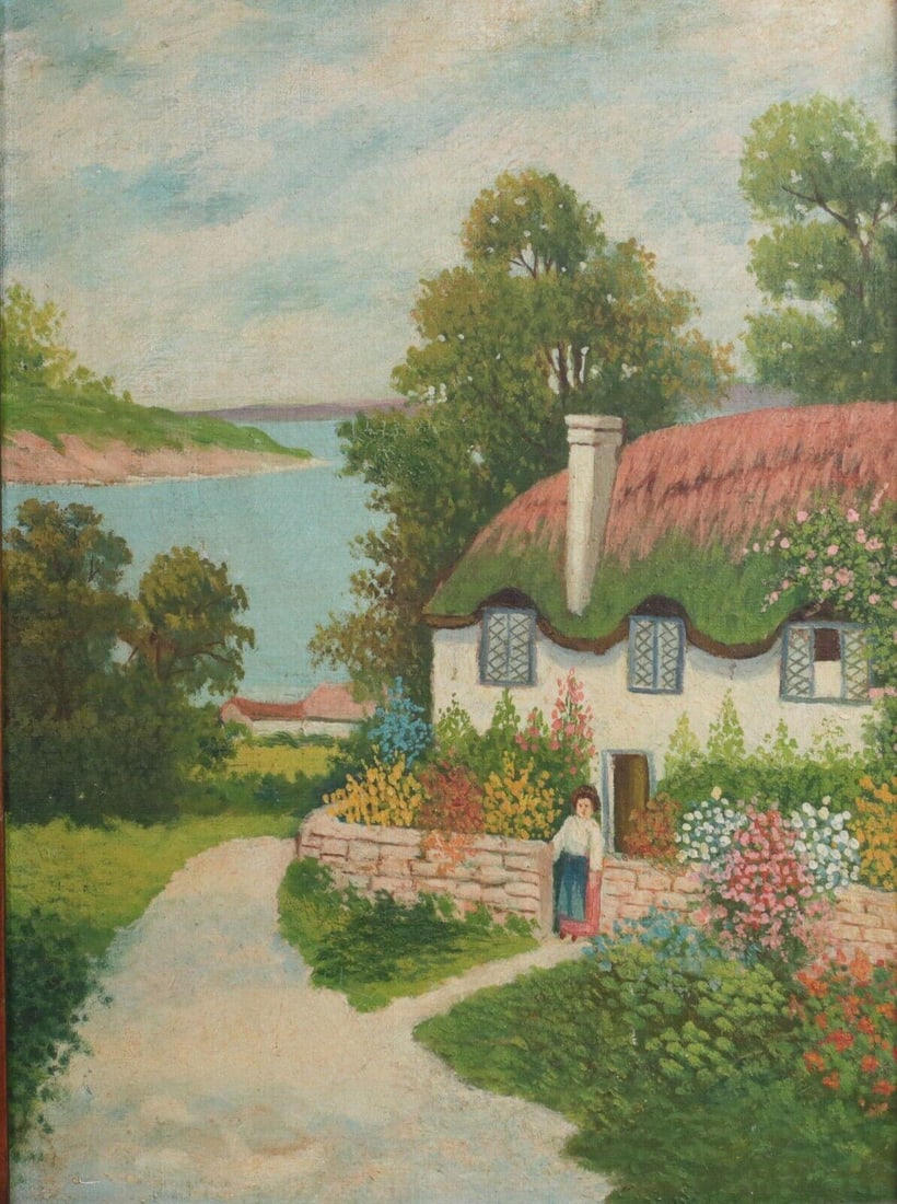 Early 20th century Oil Painting on canvas, English cottage by a lake, unsigned: Charming Early 20th century Oil Painting on canvas, Idyllic English thatched cottage by a lake, unsigned. In wood frame. 3.5lb Measurements: Approx. Painting 12 x 16 inches; frame 17 x 21 inches Condi