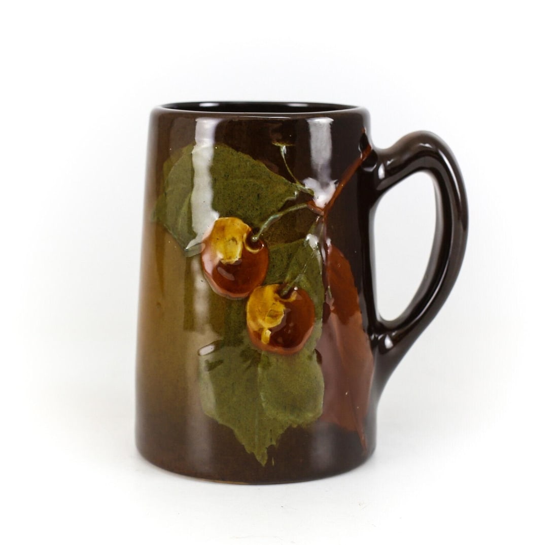 Owens Utopian Pottery Mug # 1035, c1900 Deep brown glaze, cherries and leaves (1 of 5)