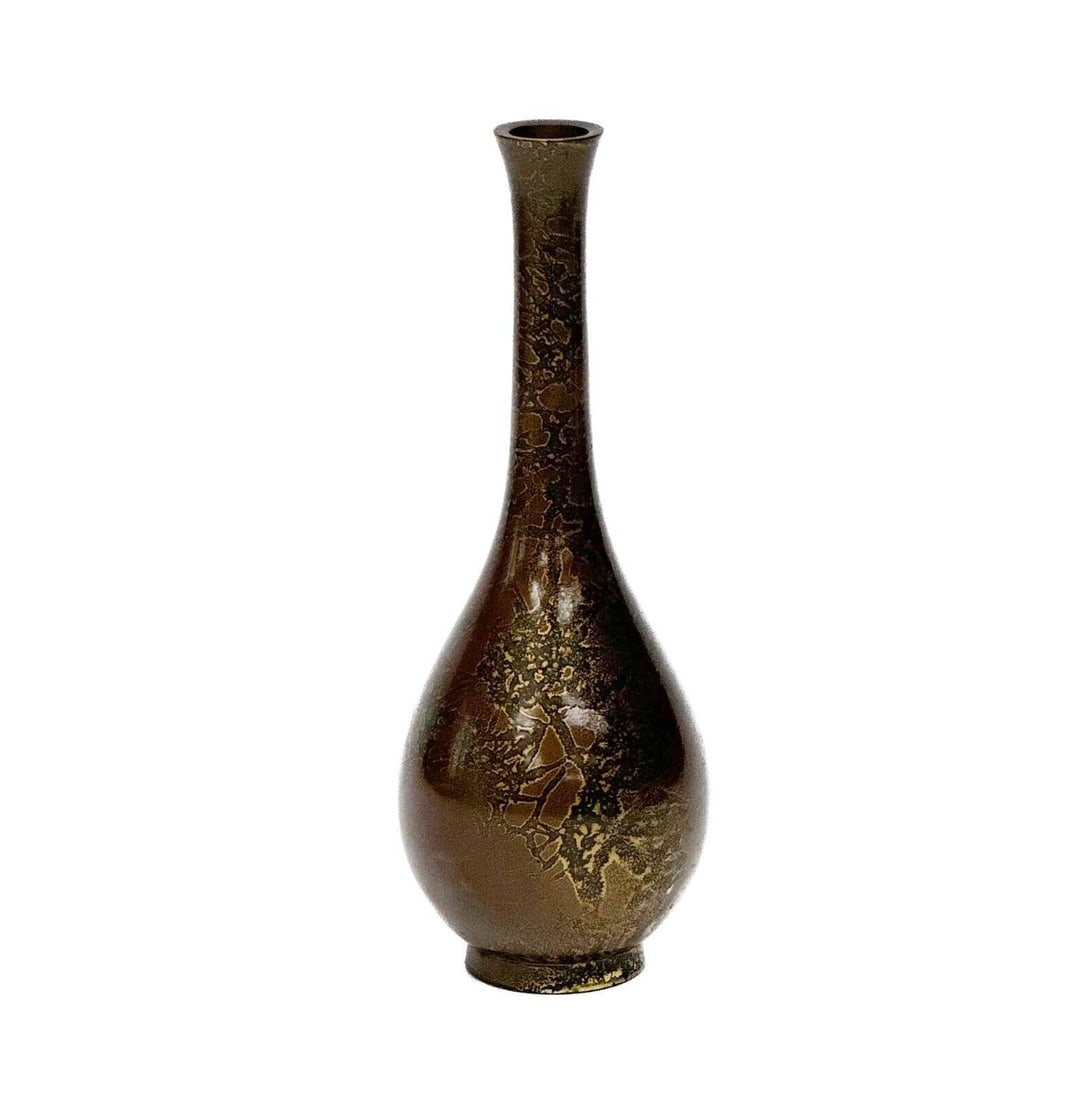 Japanese Patinated Bronze Miniature 6 in Vase Gilt Decoration 1st half 20th cen: Japanese Patinated Bronze Miniature Vase, 1st half 20th century. Vase with gilt decoration, apparently unmarked. Weight: Approx. .5 lb Measurements: Approx. 2.25 inches diameter x 6.375 inches tall Co