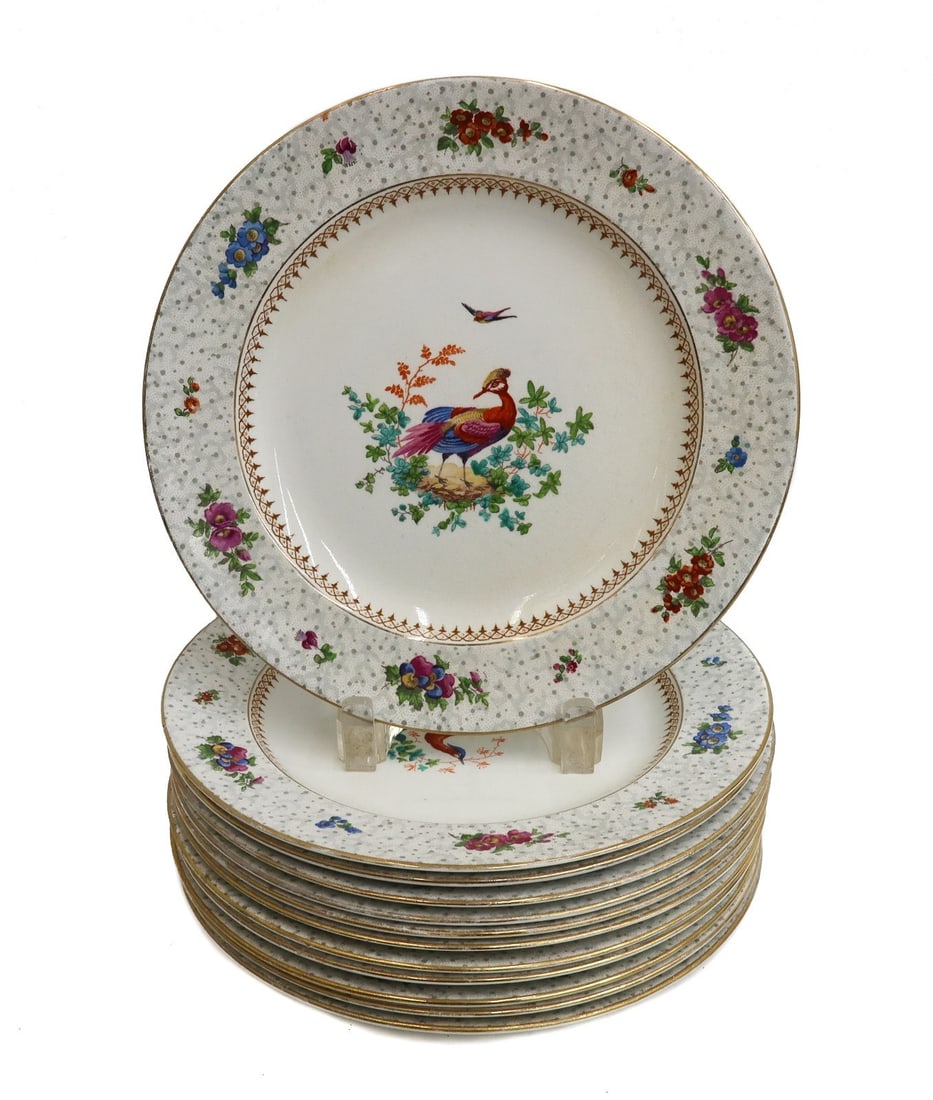 12 Booths for Tiffany & Co. Porcelain Hand Painted Bird 9.5 Dinner Plates c1940: 12 Booths England for Tiffany & Co. porcelain hand painted bird 8.75 inch dessert plates, circa 1940. Various hand painted pink,yellow, and blue birds to center. Speckled rim with hand painted roses t