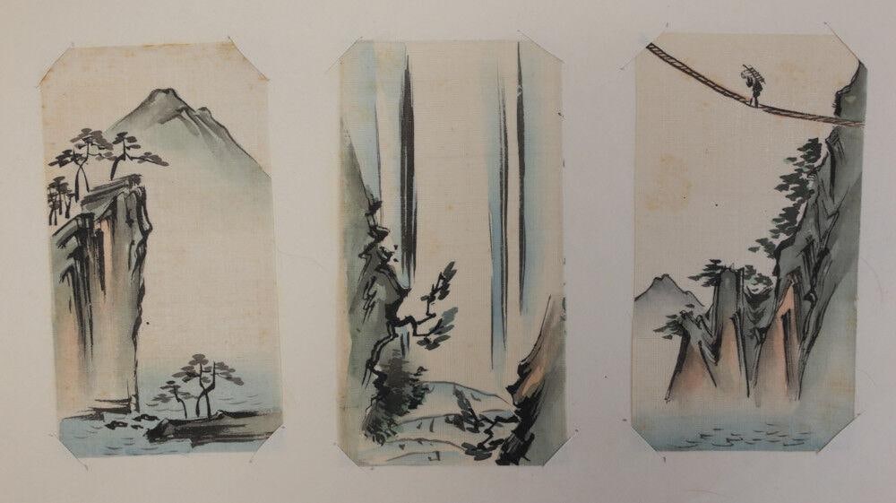 Three Japanese Miniature Gouache Painting panels on Silk, c1920 (1 of 3)