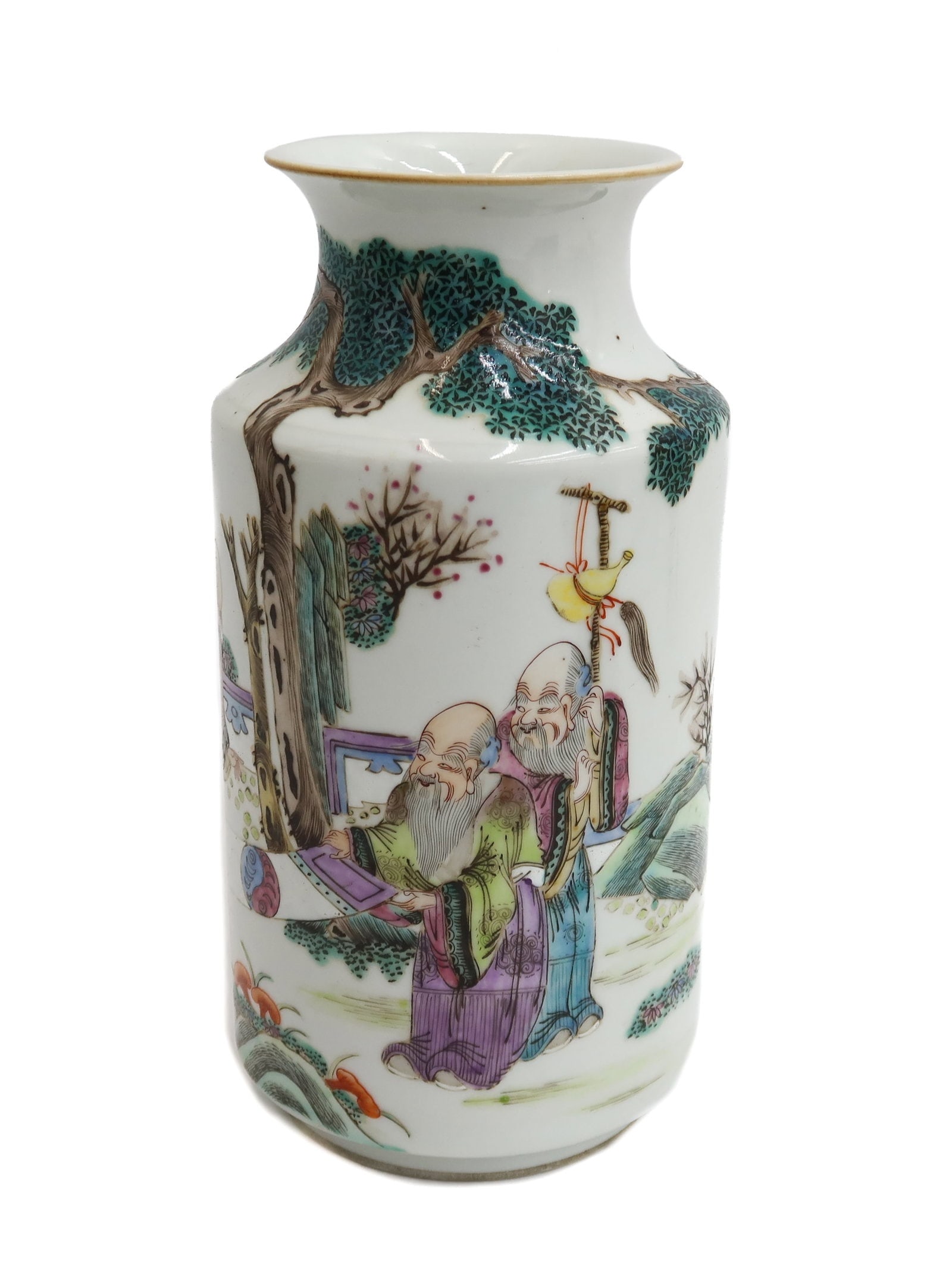 Chinese Famille Rose Vase Longevity God Design Late Qing Dynasty: Chinese Famille Rose Vase Longevity God Design Late Qing Dynasty. Weight Approx., 1.5 lbs Measures Approx., 4 inches diameter x 7.9 inches tall Domestic Shipping:$