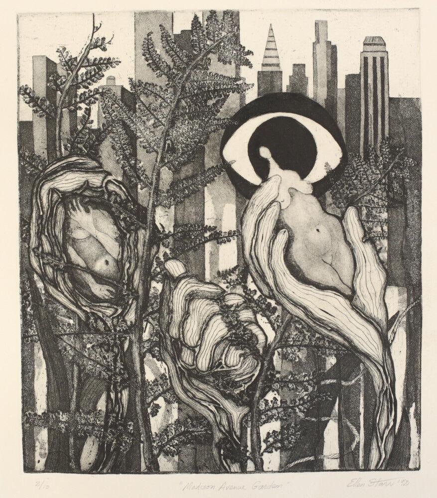 Ellen Starr (American 20 - 21st century) Etching on paper Madison Avenue Garden: Ellen Starr (American 20 - 21st century) Etching on paper, "Madison Avenue Garden", signed in pencil lower right, edition of 10. dated '92. Mounted in a mat board portfolio, unframed. (FB1) Measuremen