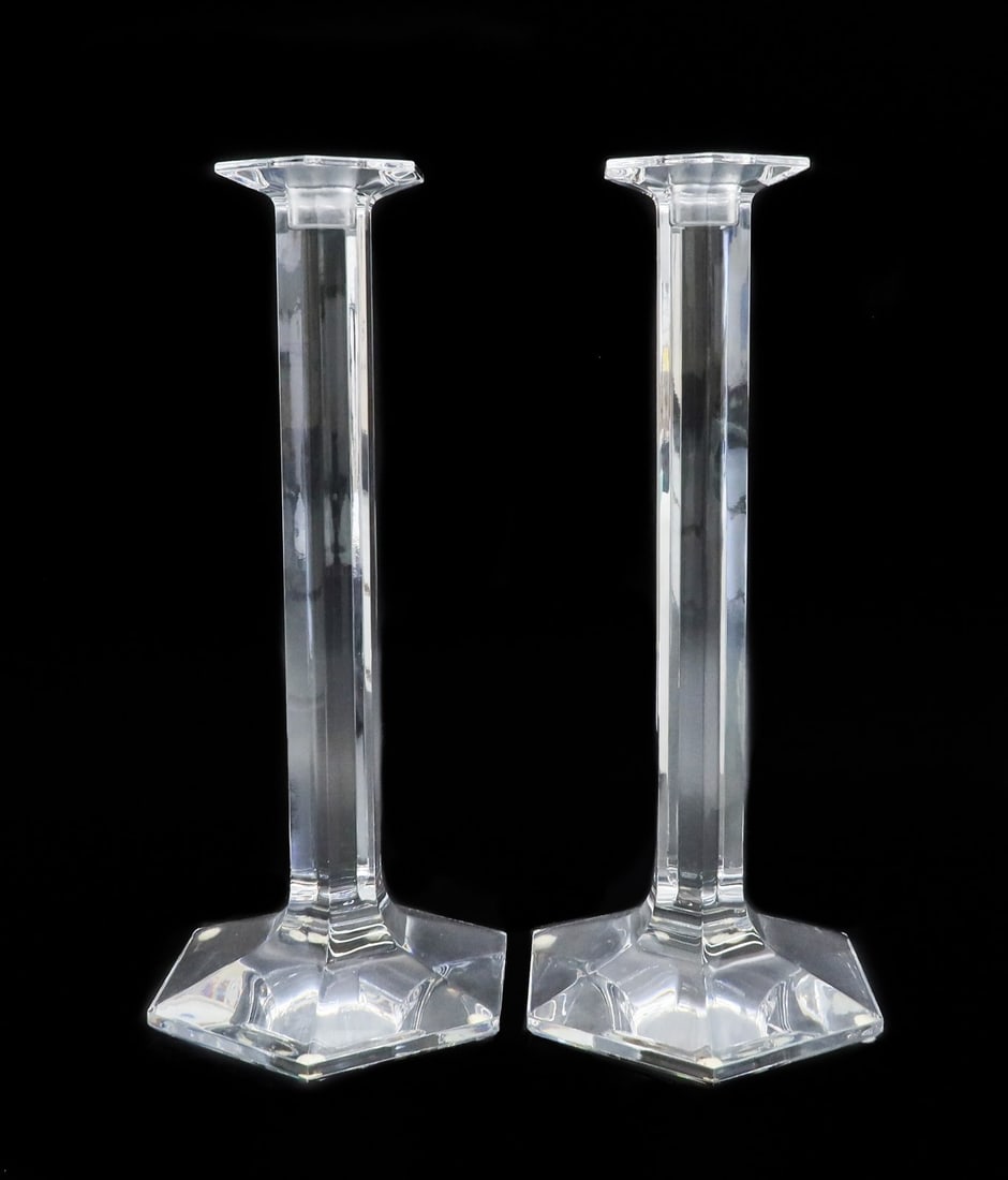 Baccarat France Crystal Glass Hexagonal Lobed 13.5 in Pillar Candlestick Signed: Baccarat France crystal glass hexagonal lobed 13.5 inch pillar candlestick. Baccarat mark to underside base. Weight: Approx. 9 lbs Measurements: Approx. 6.5 inches diameter x 13.5 inches tall Conditio