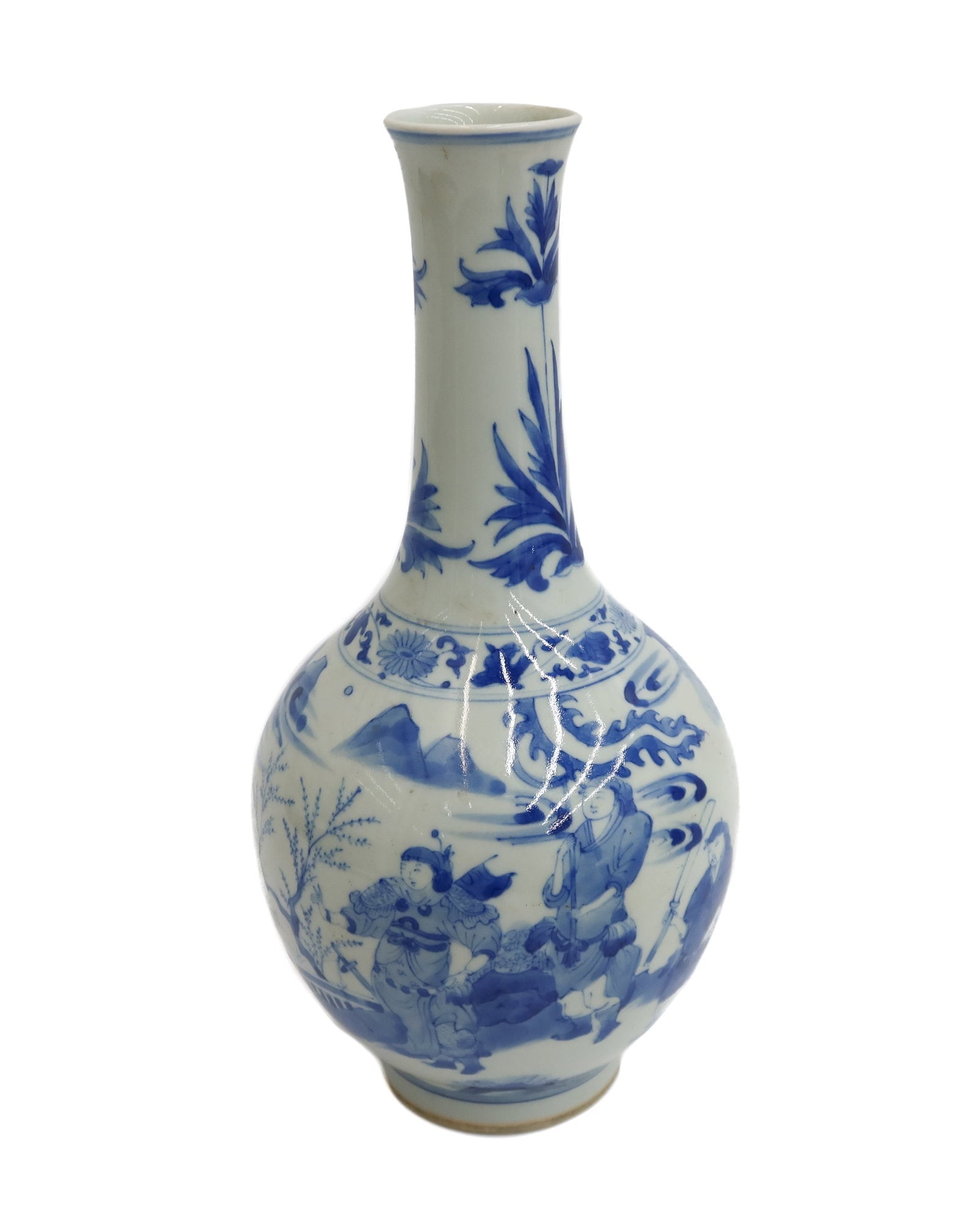 Chinese Porcelain Blue and White Long Neck Vase Historical Figures Late Qing Dynasty: Chinese Porcelain Blue and White Long Neck Vase Historical Figures Late Qing Dynasty Weight Approx., 1.5 lbs Measures Approx., 5 inches diameter x 10.25 inches tall Domestic Shipping:$60