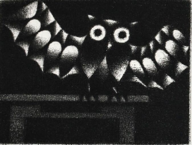 Mario Avati (French 1921-2009) Modernist Mezzotint greeting card Owl signed (1 of 4)
