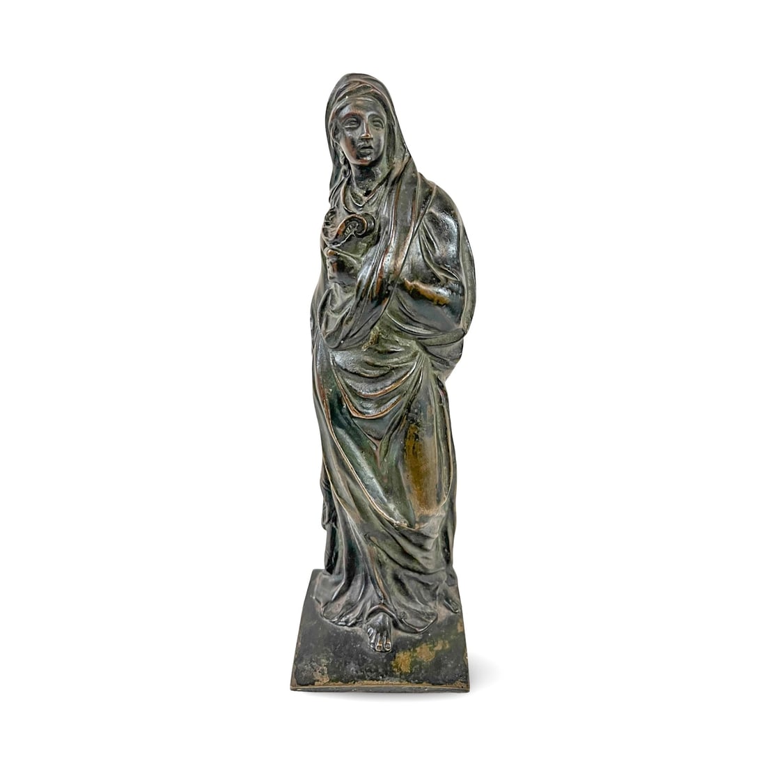 Patinated Bronze Classical Figure, Vestal Grand Tour 19th century: Patinated Bronze Classical Figure, Grand Tour, robed vestal with oil lamp, after French or Italian bronze. Likely c19th Century. Unsigned. Measurements: Approx. 8.75 inches height x 2.75 x 2.75
