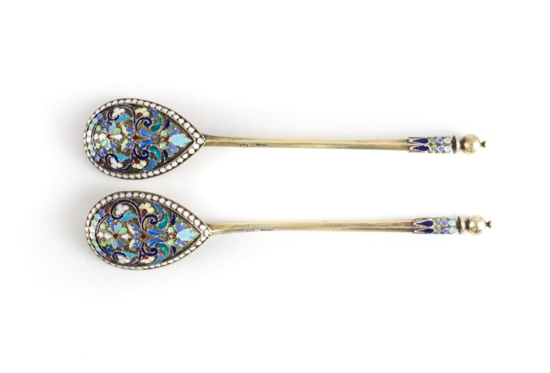 Pair of Russian .84 Gilt Silver Hand Enamel Spoons c1900 (1 of 9)