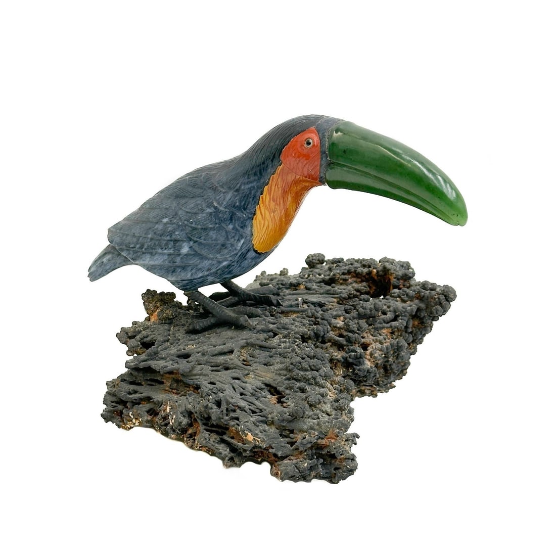 Georg Wild Carved Gemstone & Silver Toucan Bird Study Sculpture Signed 7926: Georg Wild Idar-Oberstein German Carved Gemstone Toucan Figurine on natural base. Grey obsidian body, jasper chest and neck, green Russian nephrite beak. Silver feet perched on natural mineral matrix.