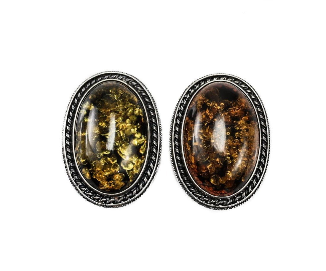 Vintage Sterling Silver Baltic Amber Cabochon Clip Earrings (1 of 5)