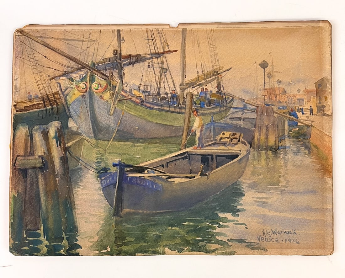 HC Warwack Watercolor painting Venice transport and fishing boats 1906: Venetian transport and fishing boats moored alongside a wooden pier. Signed lower right "HC Warwack Venice 1906" During the late 19th and early 20th centuries, Venice was a mandatory stop on the "Gran