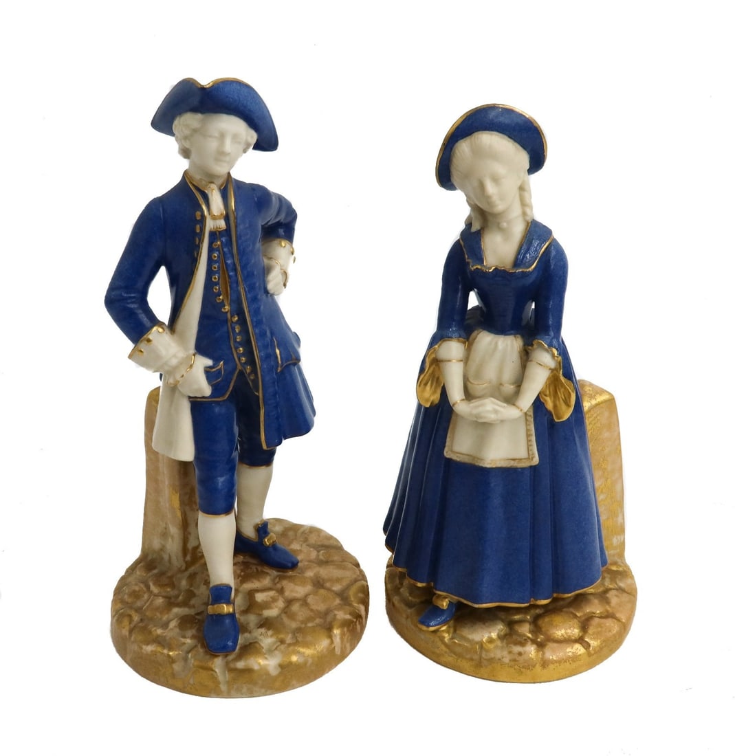 Pair Royal Worcester Blue Glaze Porcelain Gallant Couple Figurines c1895 (1 of 10)