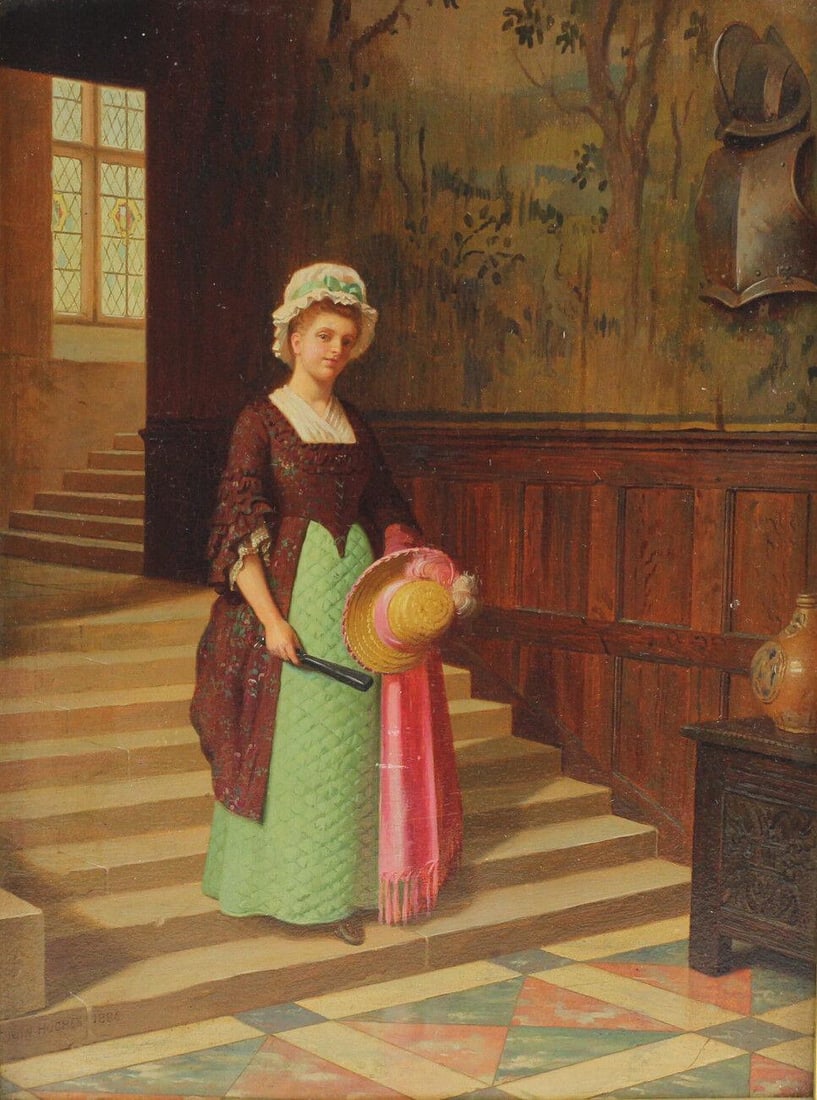 Edwin Hughes (1842-1922) Oil Painting on board Signed dated 1886 Lady's Maid: Hughes, Edwin (1842-1922) – British Oil on board. Signed dated 1886 Lower Left. Titled on the reverse "My Lady's Maid" Marked "Mue DD '72" on reverse, likely a reference to the museum it was display