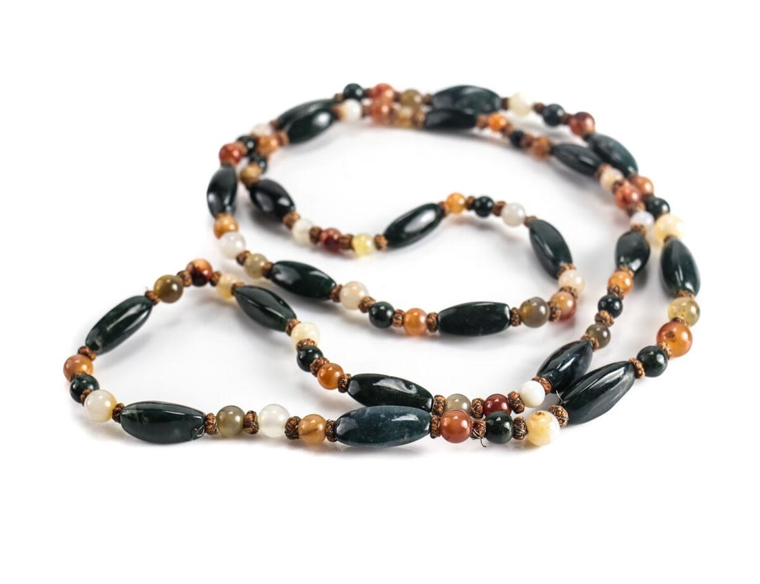 Vtg 49in Multicolored Agate Carnelian Graduated Beaded Necklace Continuous c1980 (1 of 3)