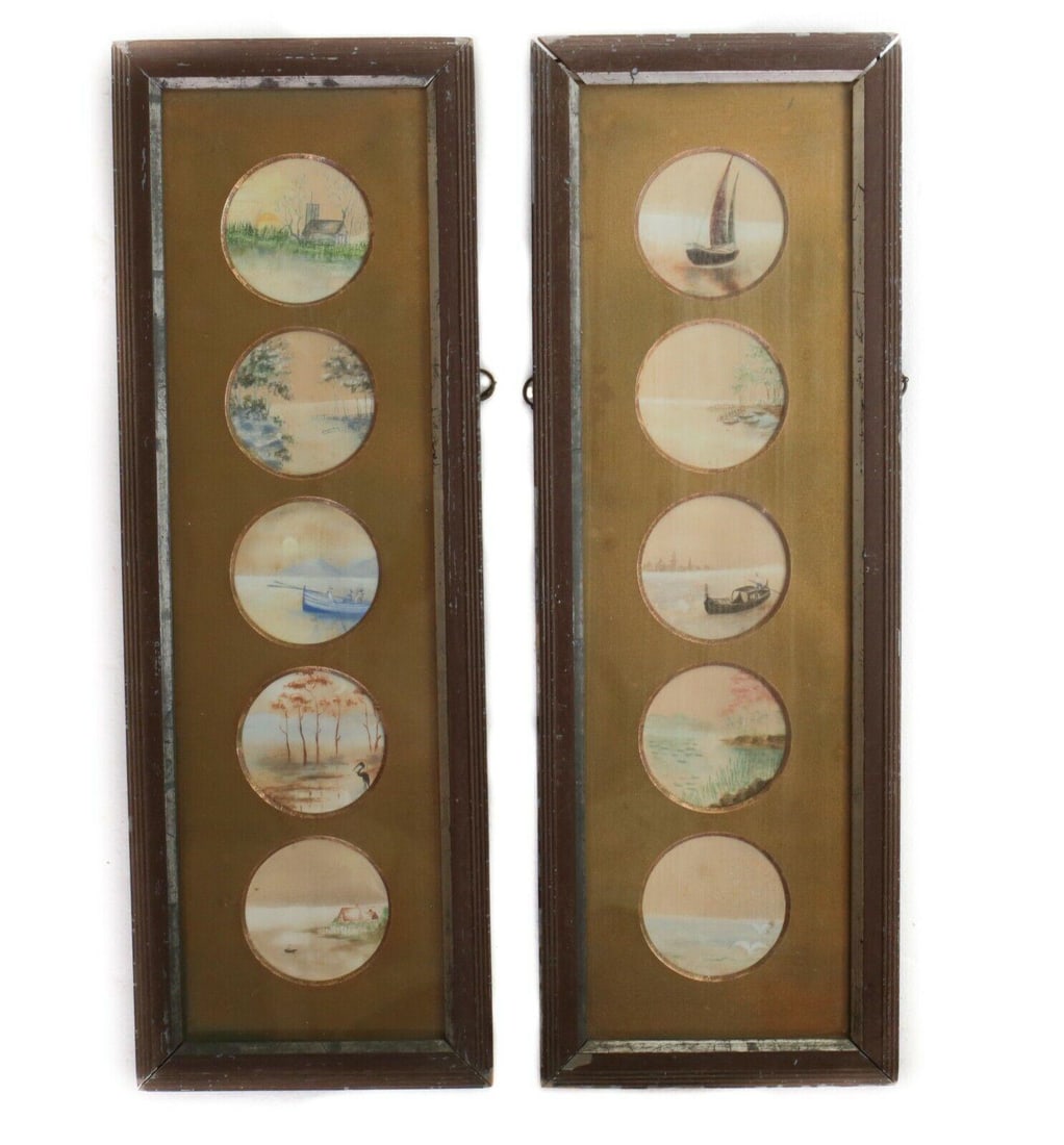 Pair of Continental framed miniature paintings on silk, c1900, assort landscapes (1 of 8)