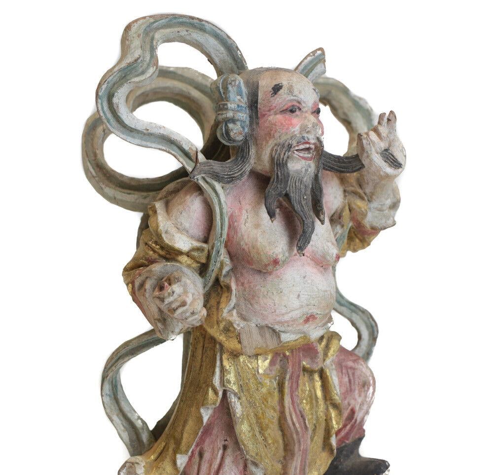Chinese Hand Carved Wood polychrome and gilt Luohan Figure, rotund shirtless (1 of 4)