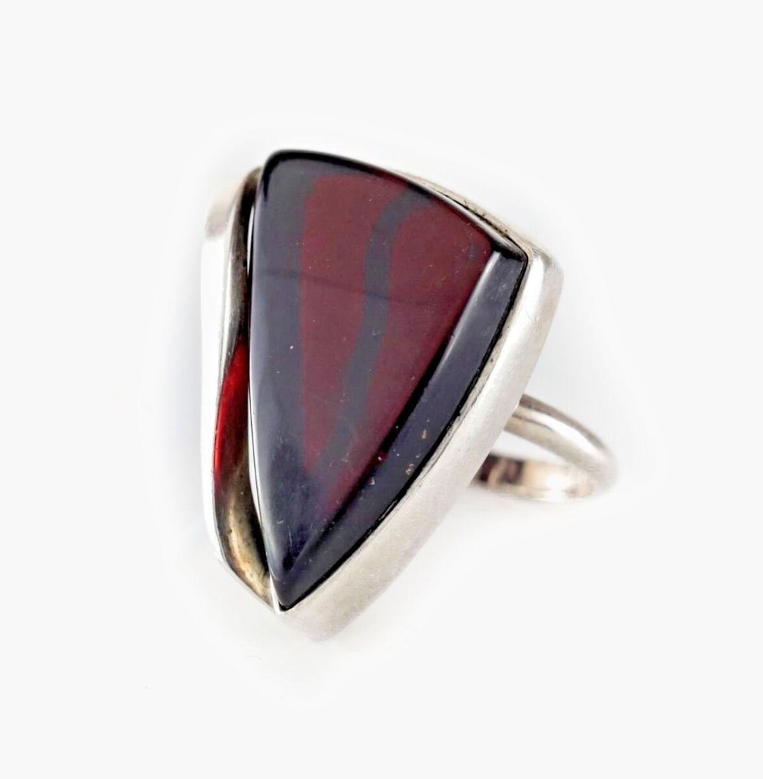 Vintage Sterling Silver dark Cherry Amber Modernist ring size 6.5 asymmetrical (1 of 4)