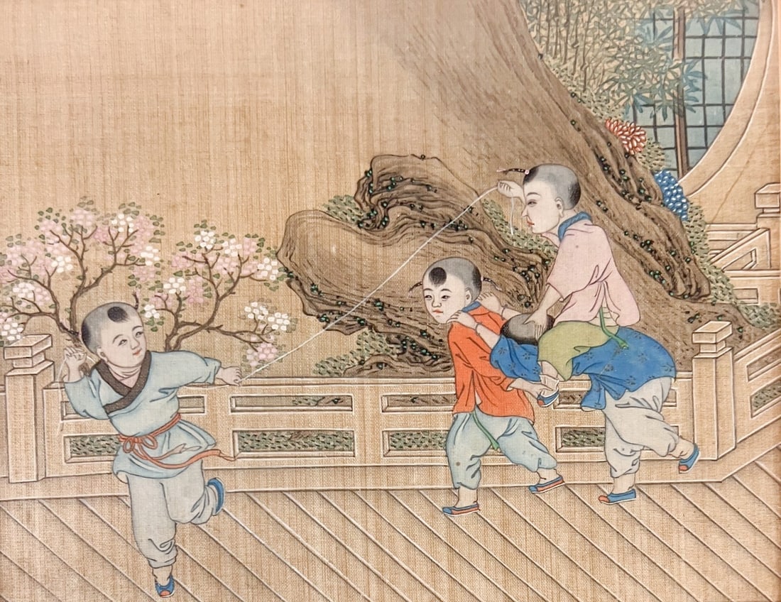 Vintage Chinese Gouache painting on silk Baixitu or Children at Play: Chinese Gouache / Ink and Color pigment painting on silk textile mounted panel, a Baixitu or Children at Play motif. Four boys, one riding piggy back on another, while holding onto a string. Behind th
