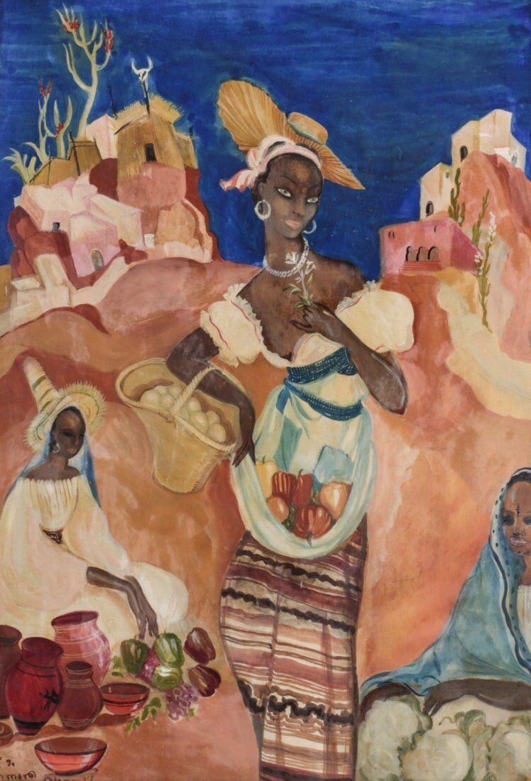 Jose Pepito De Zamora Spanish 1889 - 1971 Gouache painting Woman w/ hat shopping: Jose De Zamora (Spanish, 1889-1971) Framed Gouache on board, Woman clothed in colorful ethnic garb, holding vegetables and eggs at a street market. Signed Jose De Zamora (lower left) 4lbs Better known