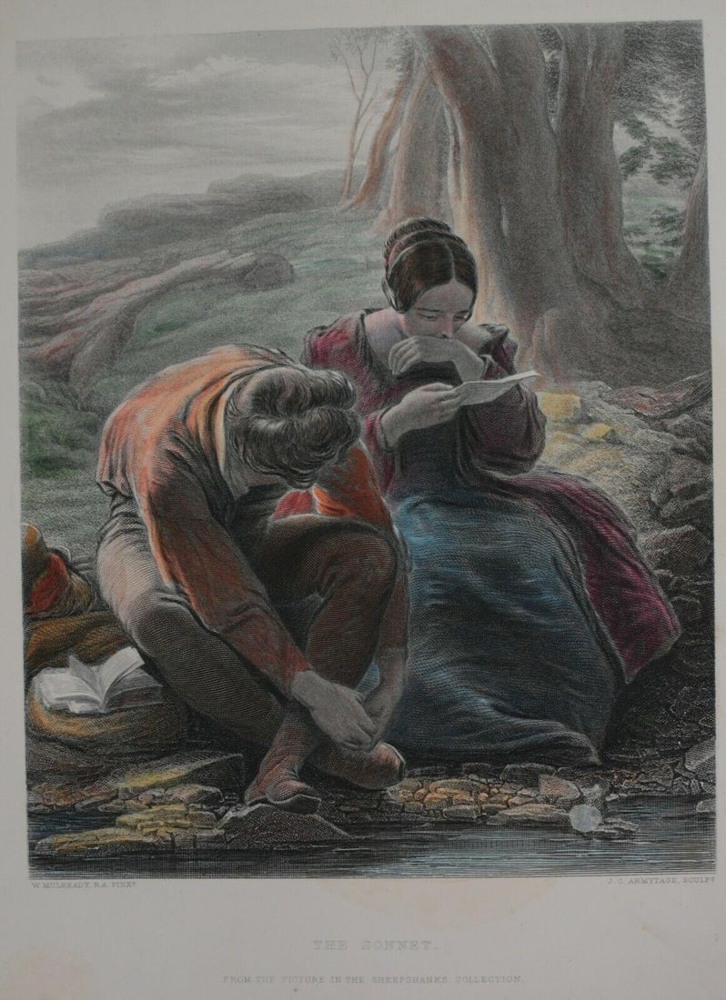 after William Mulready Irish 1786-1863 Hand colored Engraving The Sonnet (1 of 3)