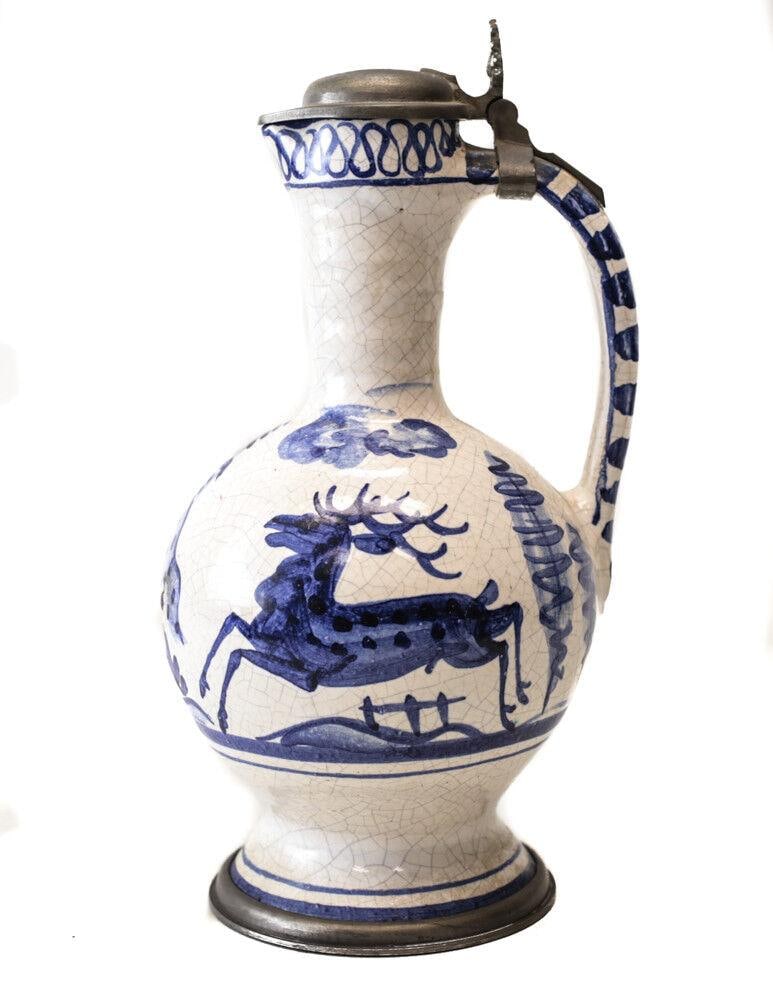 18th Century Pewter-mounted Continental Faience Ewer Jug painted blue and white (1 of 6)