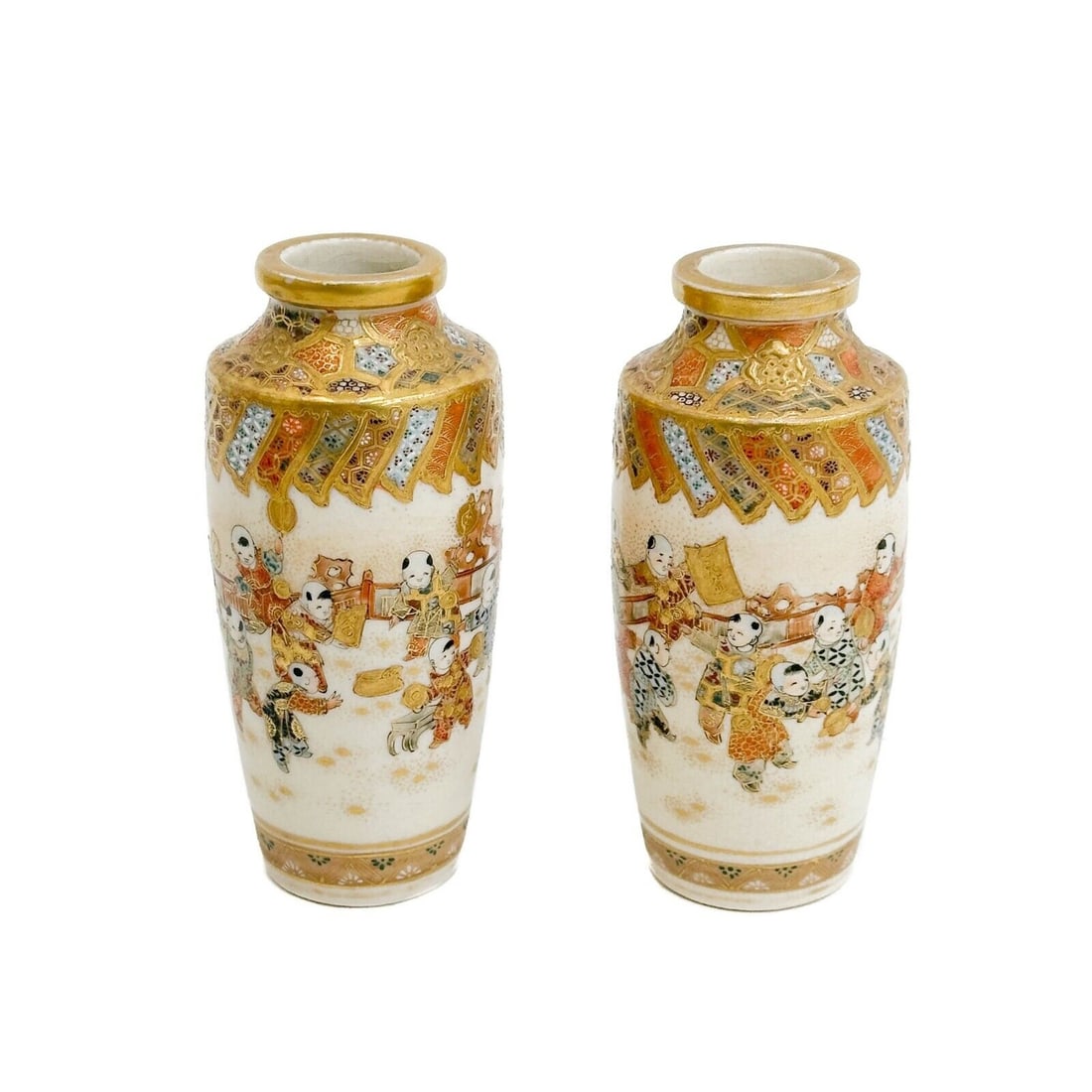 Pair Japanese Satsuma Hand Painted Porcelain Vases: Pair Japanese Satsuma Hand Painted Porcelain Vases. Scenes of children playing to the sides, raised gilt accents. Apparently unmarked. Weight: Approx. .5 lb Measurements: Approx. 2.25 inches diameter 