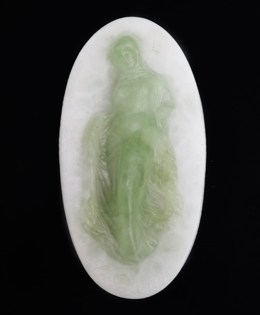 Daum France Pate de Verre Art Glass Plaque La Danse Early 20th Century: Daum France pate de verre art glass plaque La Danse (The Dance), Early 20th Century. The plaque depicts a woman in draped flowing garbs. Signed "La Danse" to base with "Daum 68" to edge. Weight: Appro