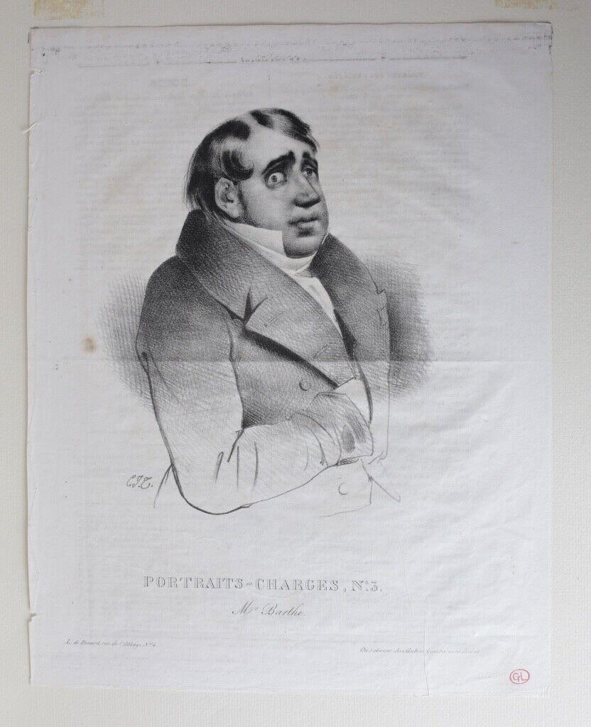 Charles Joseph Travies Lithograph Charivari - Portraits - Charges, No. 3, c1848: Travies, Charles Joseph (Swiss, 1804 – 1859) Lithograph, with print en verso. Charivari - Portraits - Charges, No. 3. "Mr Barthe" Published L. de Bernard c1848. Monogram in plate lower right. Print 
