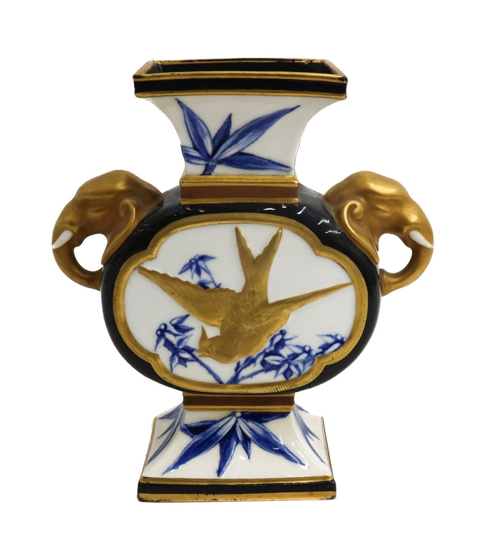 Royal Worcester England Porcelain Elephant Twin Handled Vase circa 1880: Royal Worcester England porcelain elephant twin handled vase, Aesthetic Period circa 1880. Cobalt blue and white ground with a gilt bird to center and figural elephants to the handles. Impressed Royal