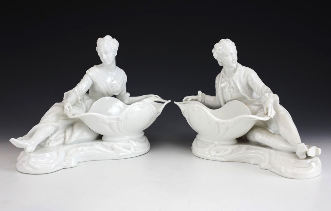 Pair Meissen Marcolini Blanc de Chine Figural Sweetmeat Bowls Costumed figurines (1 of 11)