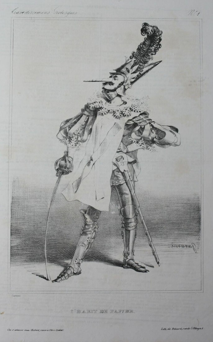 Paul Gavarni (French 1804-1866) Lithograph Gravestissemens Grotesque L'Habit: Gavarni, Paul (French 1804-1866) Lithograph on paper. Captioned, "L'Habit de Papier", from the series, 'Gravestissemens Grotesque', no. 1, published in Le Charivari, with printing on reverse. Signed l