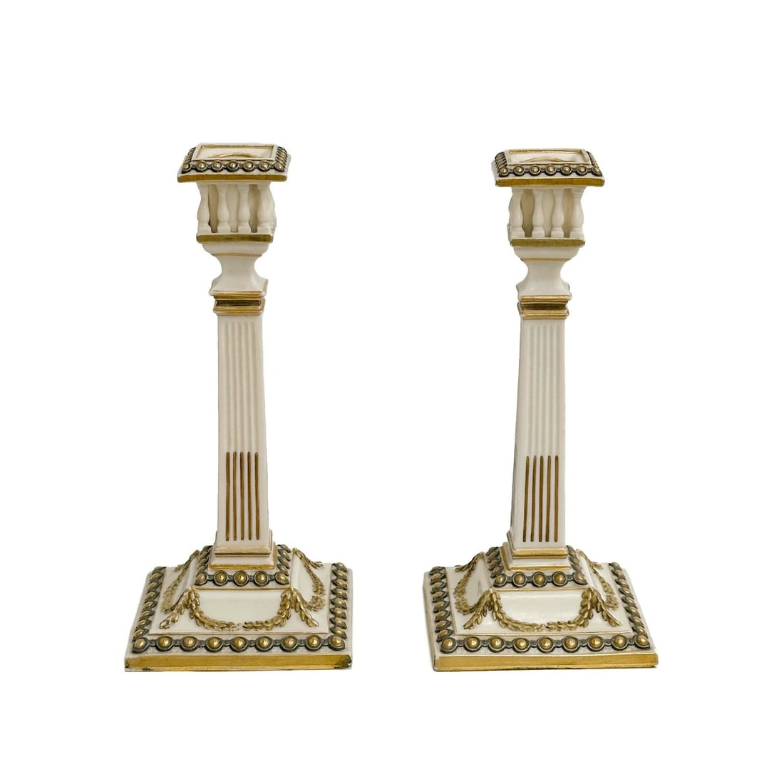 Pair Royal Worcester Gilt Porcelain 10.5in Column Candlesticks 488 1877 (1 of 12)