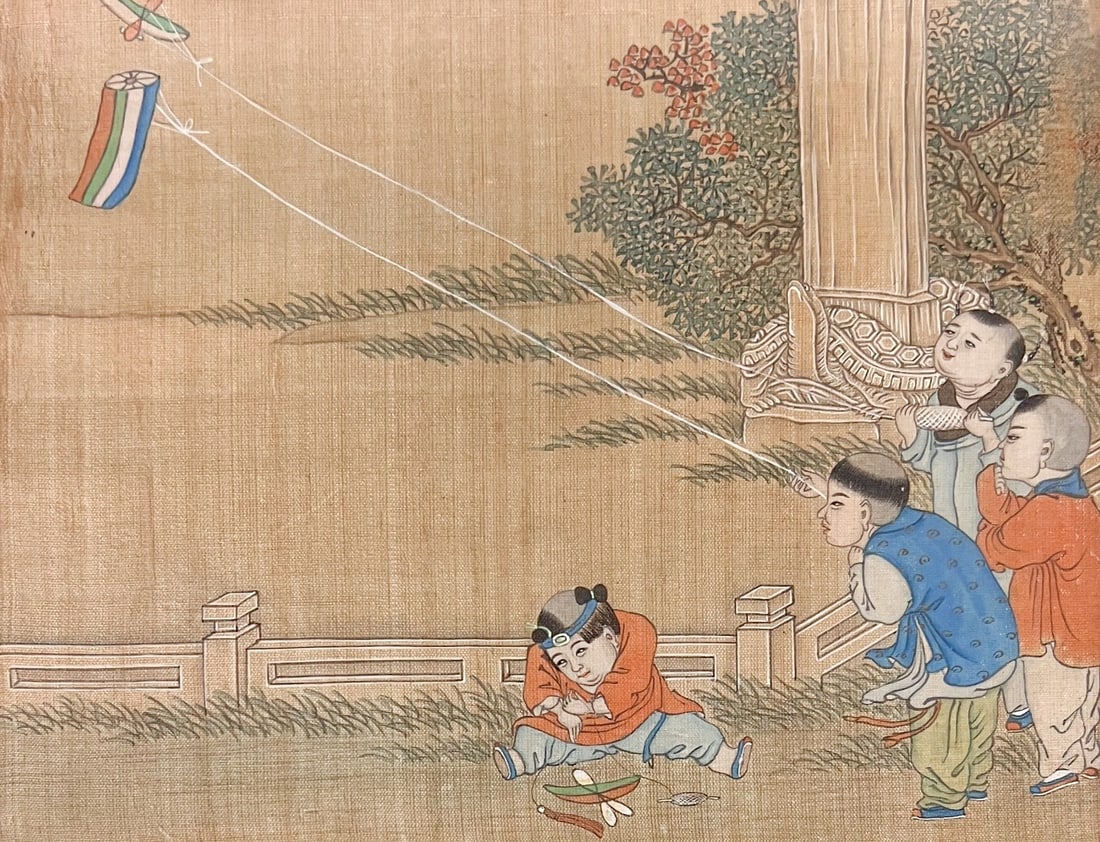 Vintage Chinese Gouache painting on silk Baixitu or Children at Play: Chinese Gouache / Ink and Color pigment painting on silk textile mounted panel, a Baixitu or Children at Play motif. Four boys, flying kites, one seated stringing his kite; in front of a short fence a