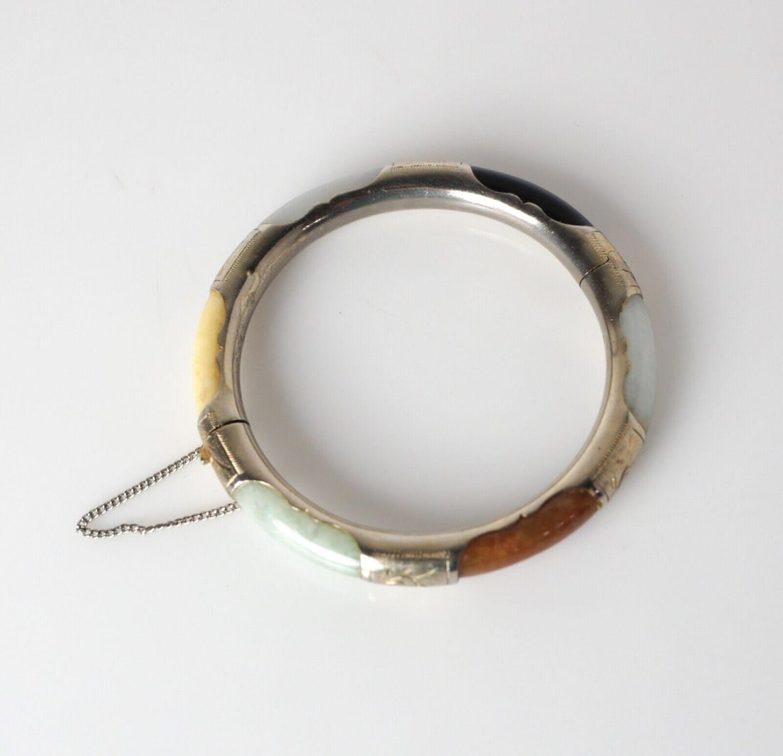 Vtg Chinese Multi colored Jadeite with Sterling Silver mount bangle bracelet (1 of 4)