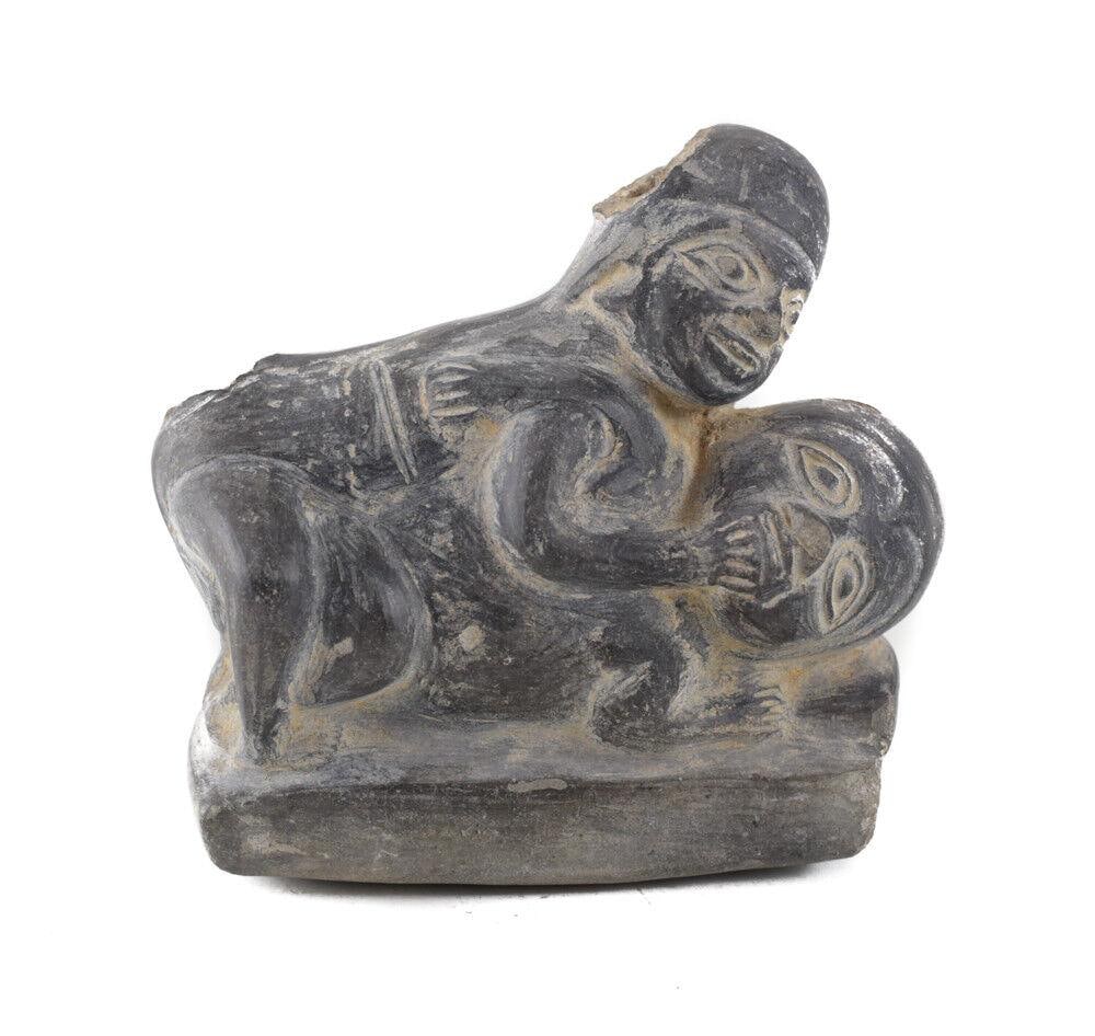Pre Columbian Erotic Chimu Peru Pottery Figural Vessel with Couple: Pre Columbian Erotic Chimu Peru Pottery, Figural Vessel with Couple. c. 1100 - 1450 AD Blackware, Couple (at least one is male). 1lbs Measurements: Approx. 5.5" x 5.25" x 3". Condition: Condition comm