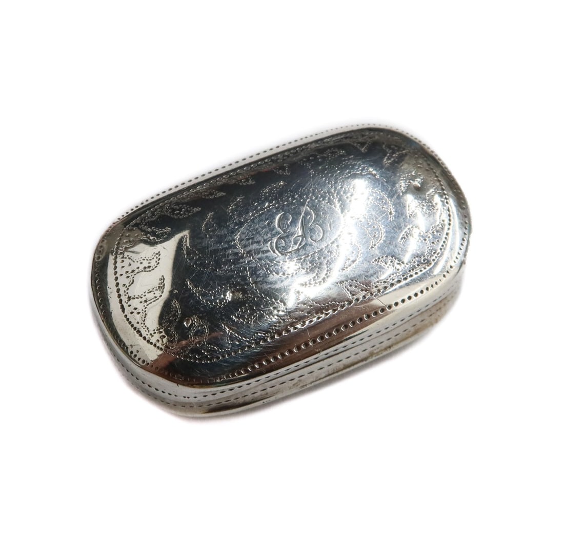 Joseph Willmore Birmingham Sterling Silver Vinaigrette Box 1848: Joseph Willmore Birmingham sterling silver vinaigrette box, 1848. Etched dots swirls with a two letter monogram to center. Joseph Willmore silver hallmarks to slight gilt interior. Weight: Approx. 8.7