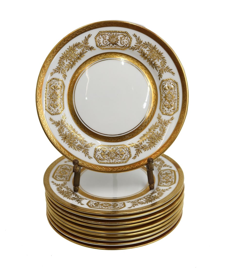 10 Aynsley England Porcelain Bread Plates in Engagement 8220 circa 1940: 10 Aynsley England gilt porcelain bread plates plates in Engagement pattern circa 1940. A white ground with ornate gilt decoration. Subtle "EC" monogram to center . Underside marked Aynsley England 82