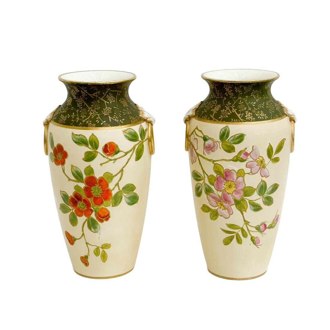 Pair Wedgwood England Ivory Glazed Porcelain Vases Leaves Blossoms circa 1890 (1 of 8)
