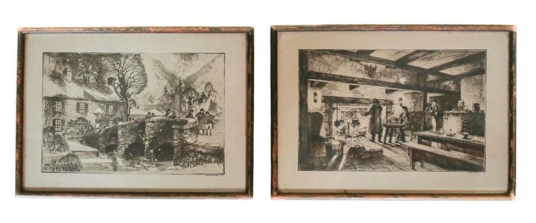 Lloyd Harting (American 1901 - 1974) Pair of Lithographs, 18th century scenes: Lloyd Harting (American 1901 - 1974) Pair of Lithographs, 18th century scenes - landscape in winter, interior scene. Signed in plate "Harting" lower right. Wood frame. 1.5lb (BF1) Measurements: Approx