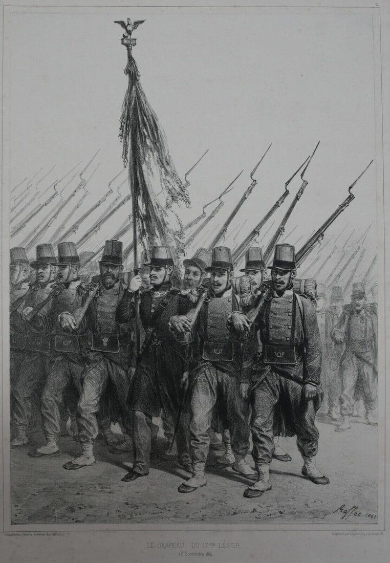 Denis Auguste Marie Raffet 1804-1860 Lithograph Le Drapeau de 17 eme Leger: Denis Auguste Marie Raffet (French 1804 - 1860) Lithograph on paper, "Le Drapeau de 17 eme Leger" 1841. Printed by Auguste Bry, Published by Gihaut Freres. Signed and dated in plate lower right. Mount