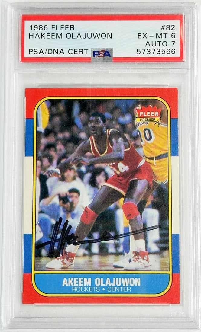 1986 Fleer #82 Hakeem Olajuwon PSA/DNA EX-MT 6 Auto 7 Signed Basketball Card (1 of 6)